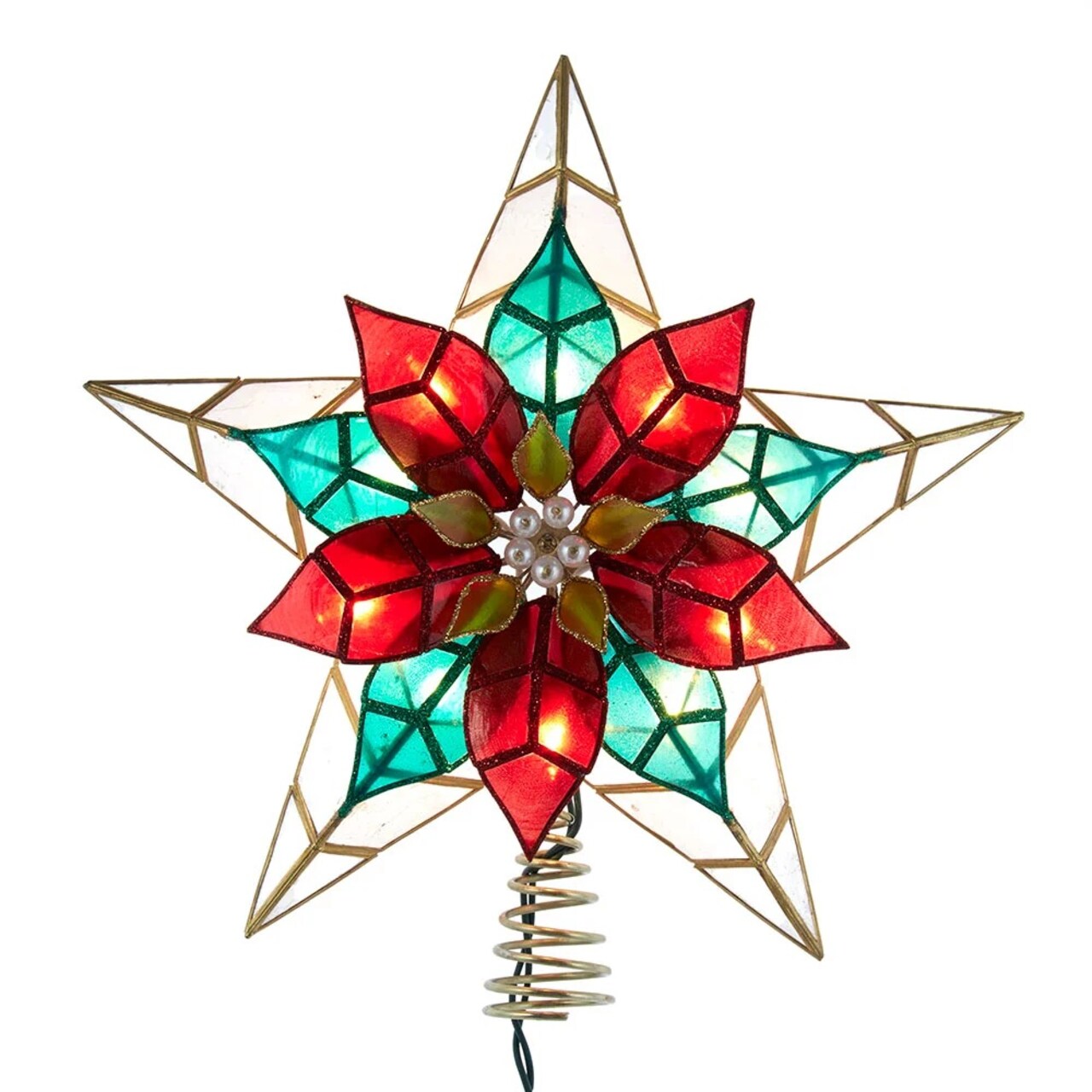 KSA 13" Lighted Red and Gold Poinsettia Star Christmas Tree Topper, Multicolor Lights